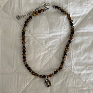 Tiger Eye Beaded Necklace with Silver Charm - Brown